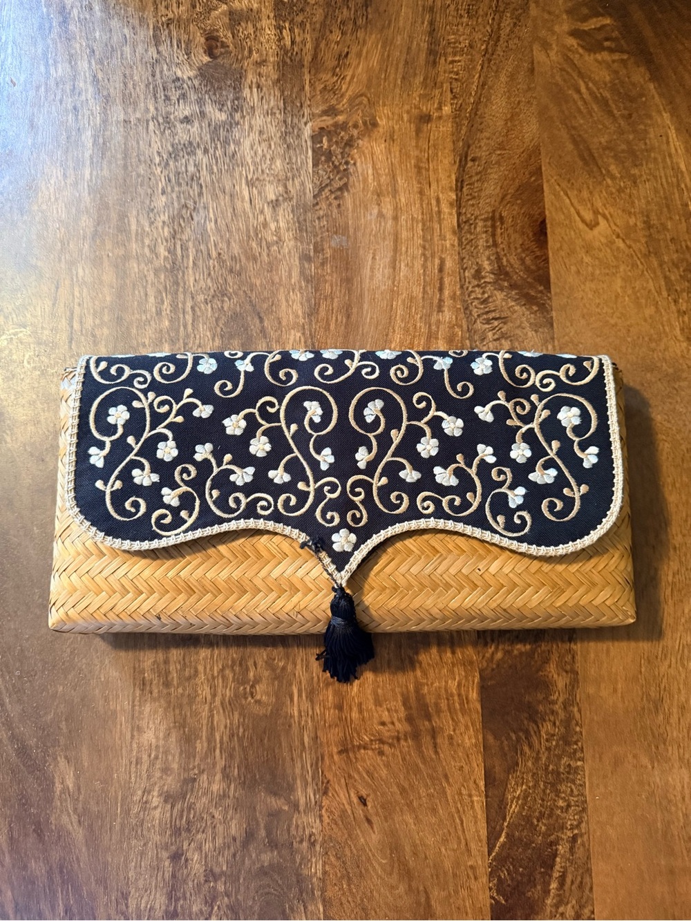 Woven Straw Clutch with Black and White Embroidered Flap